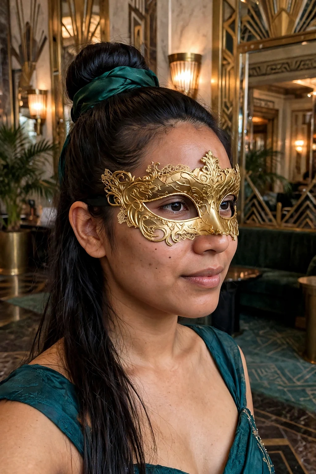 Young woman with a high bun wrapped in emerald satin and a gold masquerade mask in an art deco hotel lobby.
