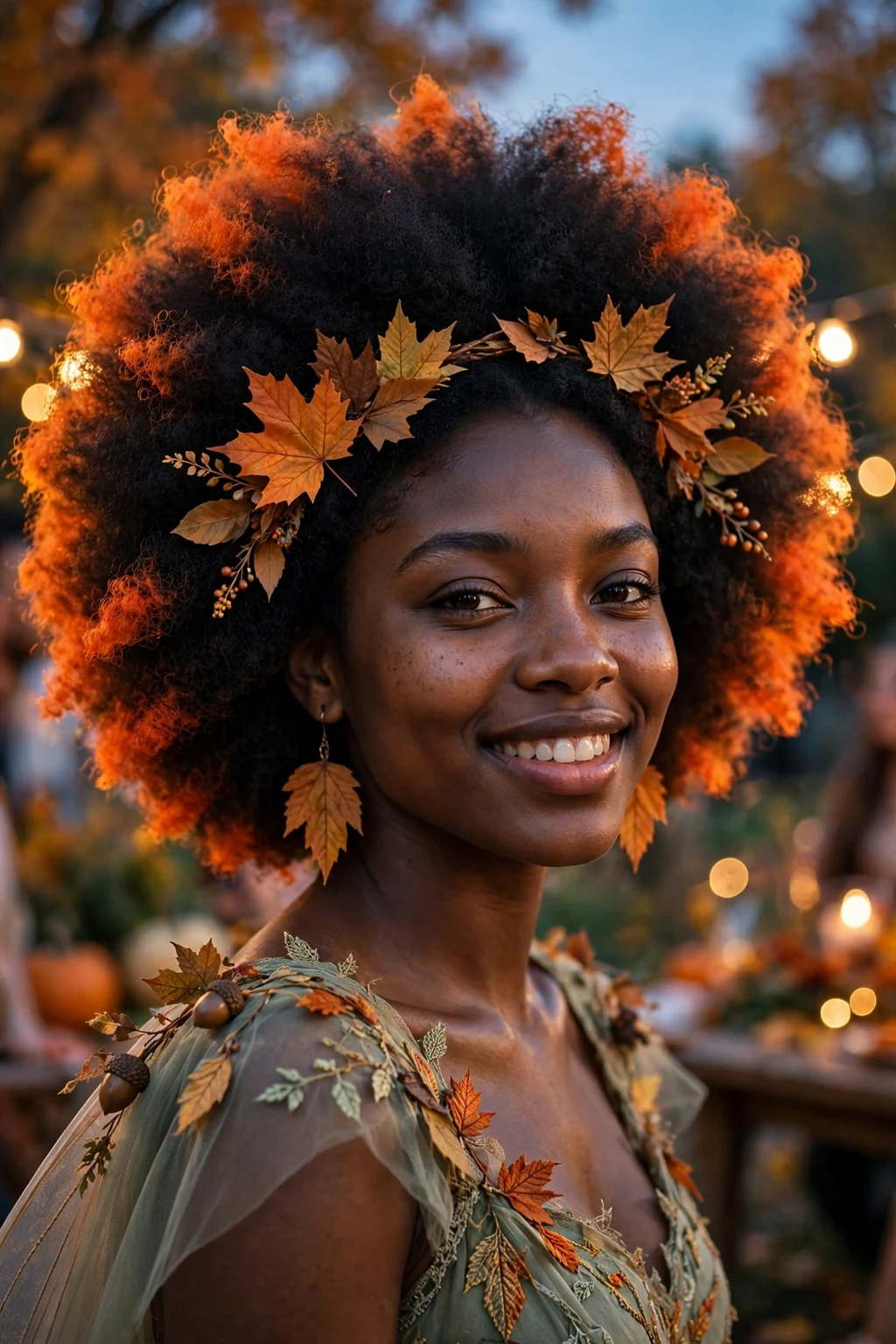 Young Black woman with a big natural afro tipped with bright orange at an autumn Halloween party.