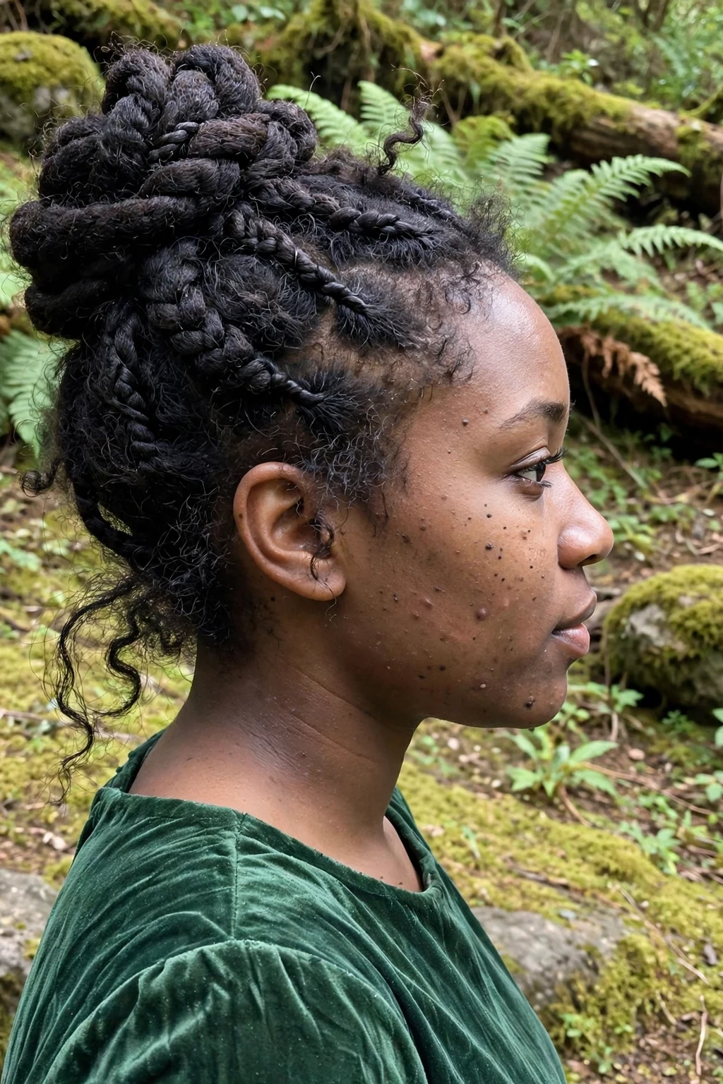 Young Black woman with an enchanted forest braided updo woven into a high crown, wearing a forest green velvet dress on a woodland path.