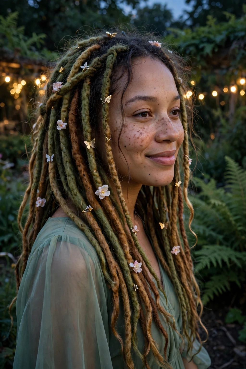 Young Black woman with long enchanted forest fairy locs decorated with flowers and moss-green ribbons at a Halloween party.