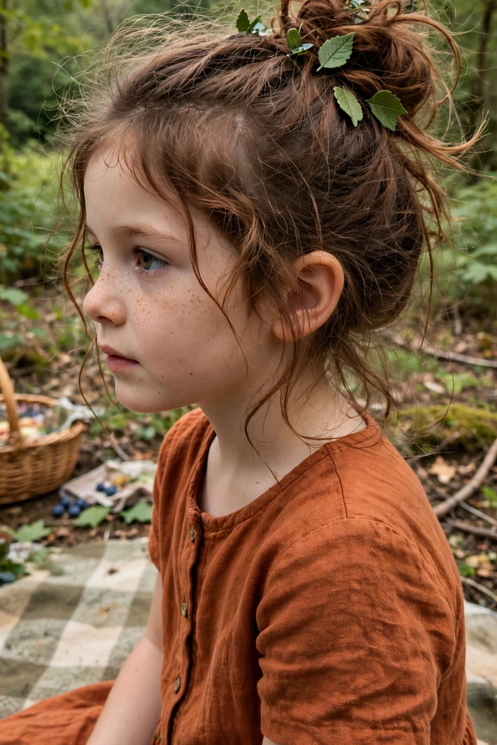 A young girl with a loose messy bun and leaf clips in a woodland picnic clearing.