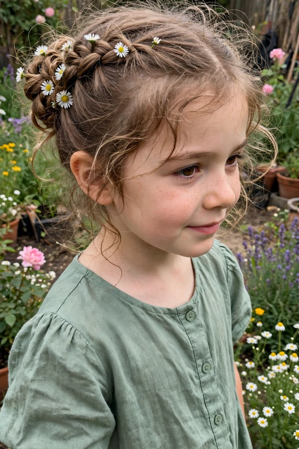 A young girl with a braided bun decorated with tiny daisies in a blooming backyard garden.