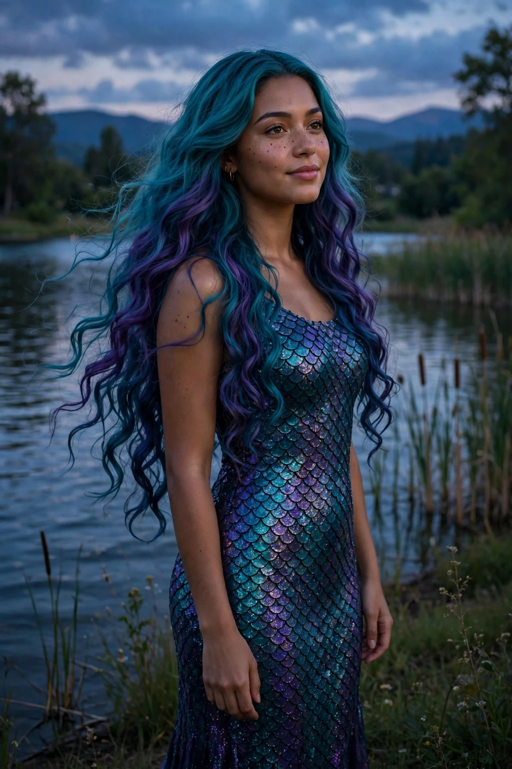 Young woman with enchanted mermaid waves in teal and purple tones and a shimmering dress by a lake.