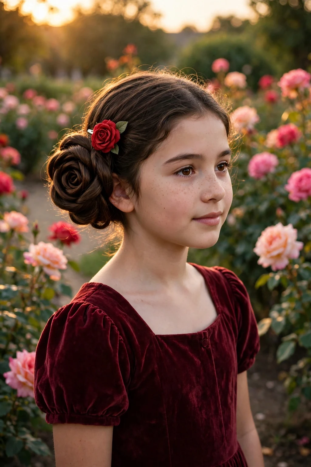 A young girl with a rose-shaped bun and a red rose clip in a rose garden.