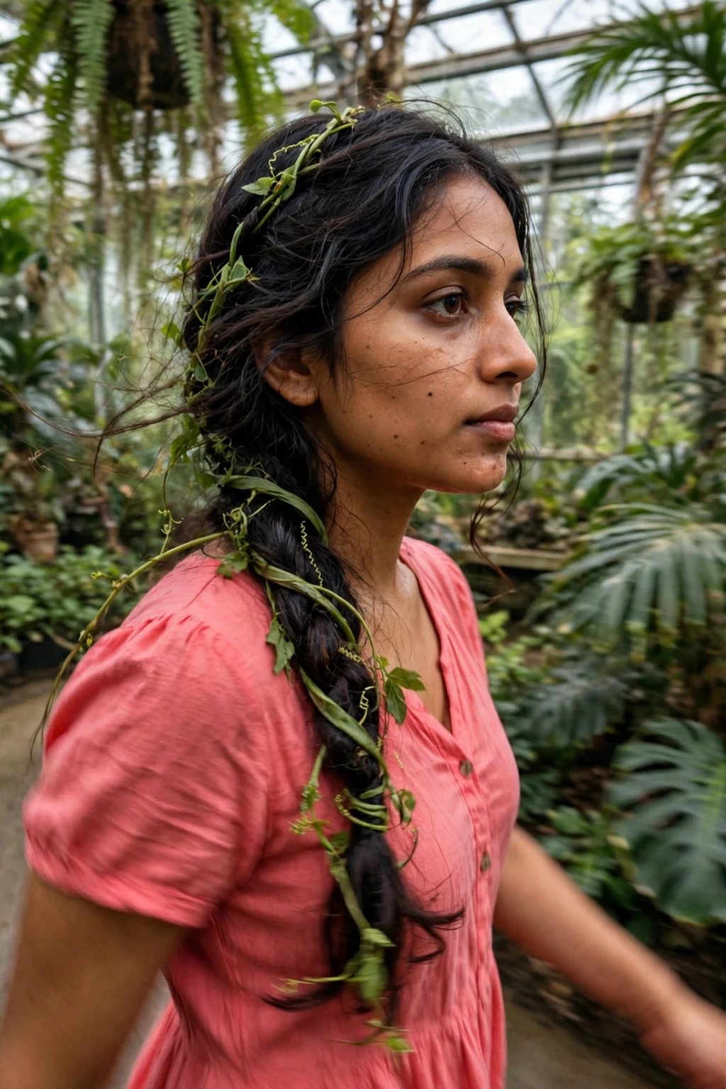Young Indian woman with an enchanted vine side braid wrapped with green vine-like ribbons, wearing a coral pink dress in a botanical garden greenhouse.