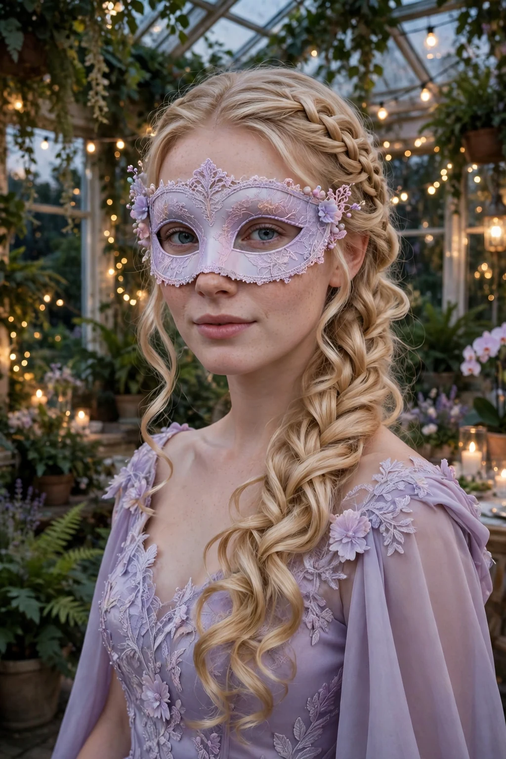 Young woman with an enchanted waterfall braid and a masquerade mask.