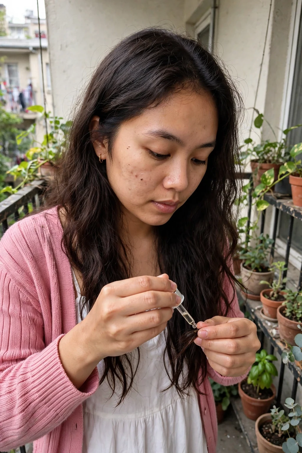 A young Southeast Asian woman with long wavy dark brown hair smoothing a drop of hair oil over just the ends of her hair on a small apartment balcony.