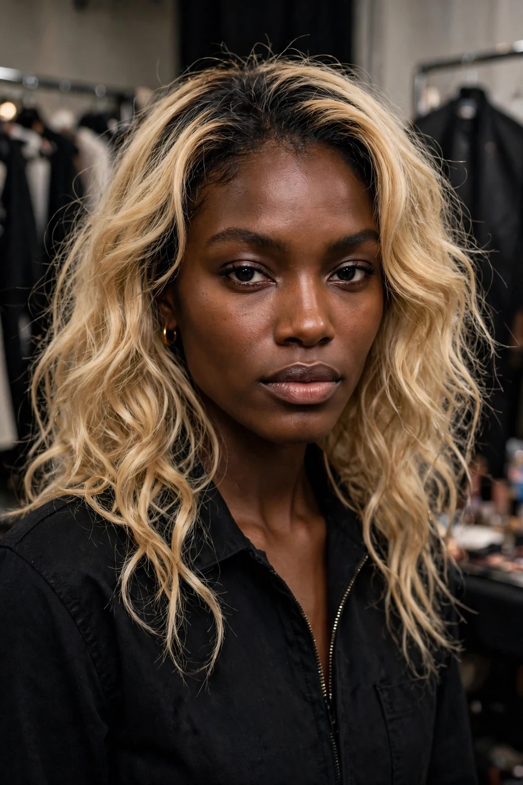 Beautiful woman with espresso root blonde, dark espresso roots with blonde, bold light.