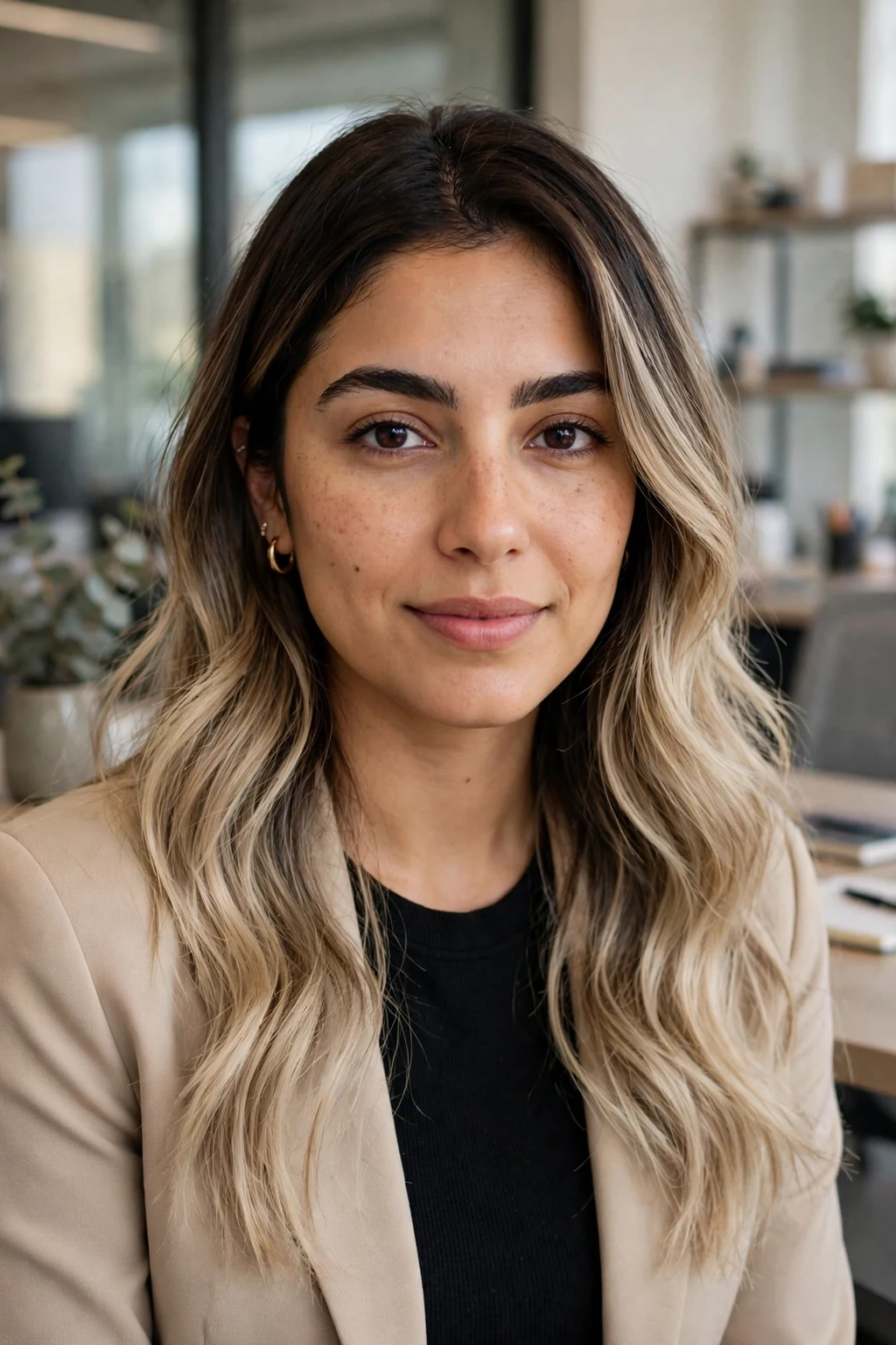 Beautiful woman with espresso to beige blonde transformation, deep espresso to beige, refined light.