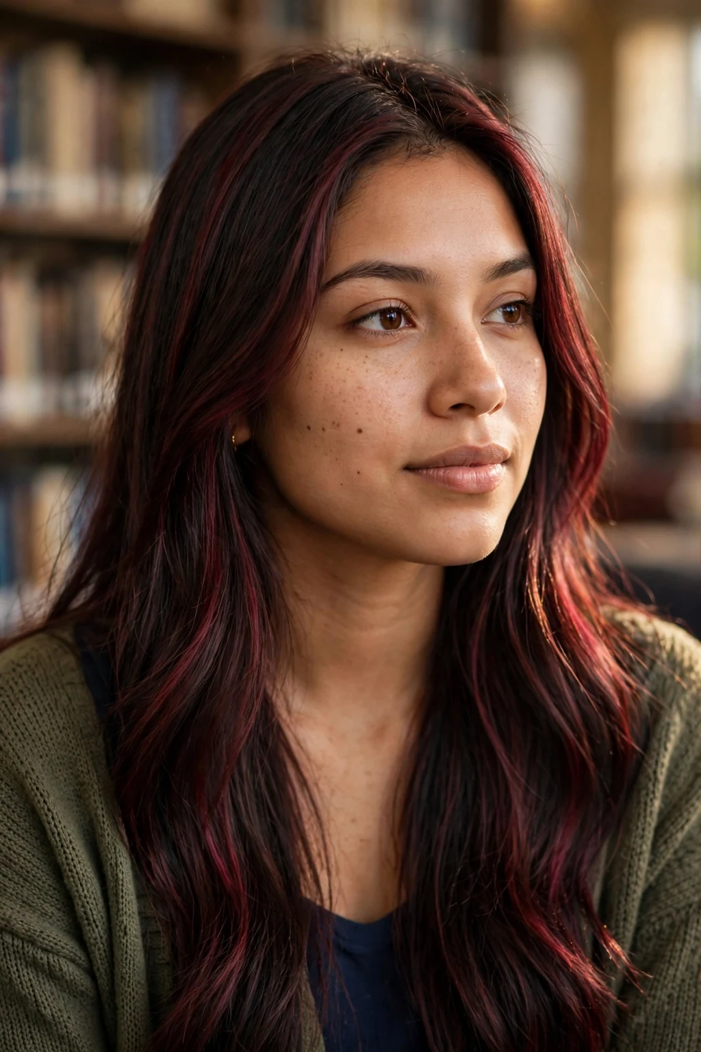 Young Latina woman in her late 20s with espresso brown hair and burgundy highlights woven through, in a library wearing an olive-green cardigan.