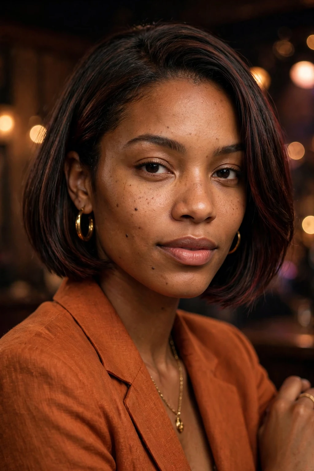 Young Black woman in her late 20s with a chic espresso bob carrying subtle merlot lowlights, wearing a burnt-orange blazer with gold jewelry in a jazz club.