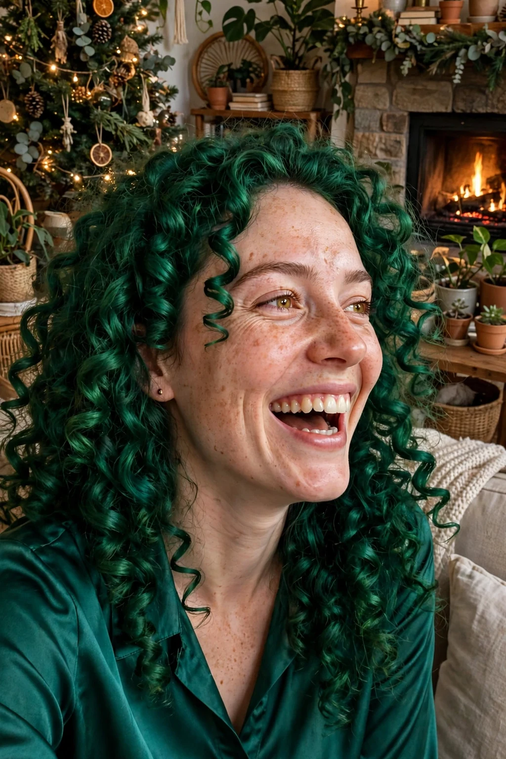 Young woman with voluminous deep green spiral curls in a plant-filled living room with a Christmas tree.