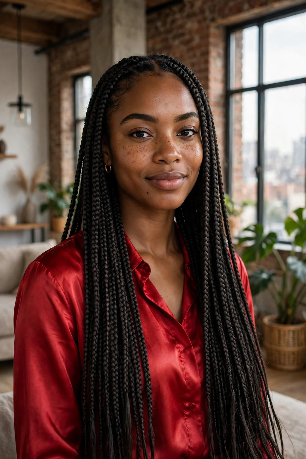 Young woman with extra-long thigh-length knotless braids, standing in a loft apartment wearing a red satin blouse.