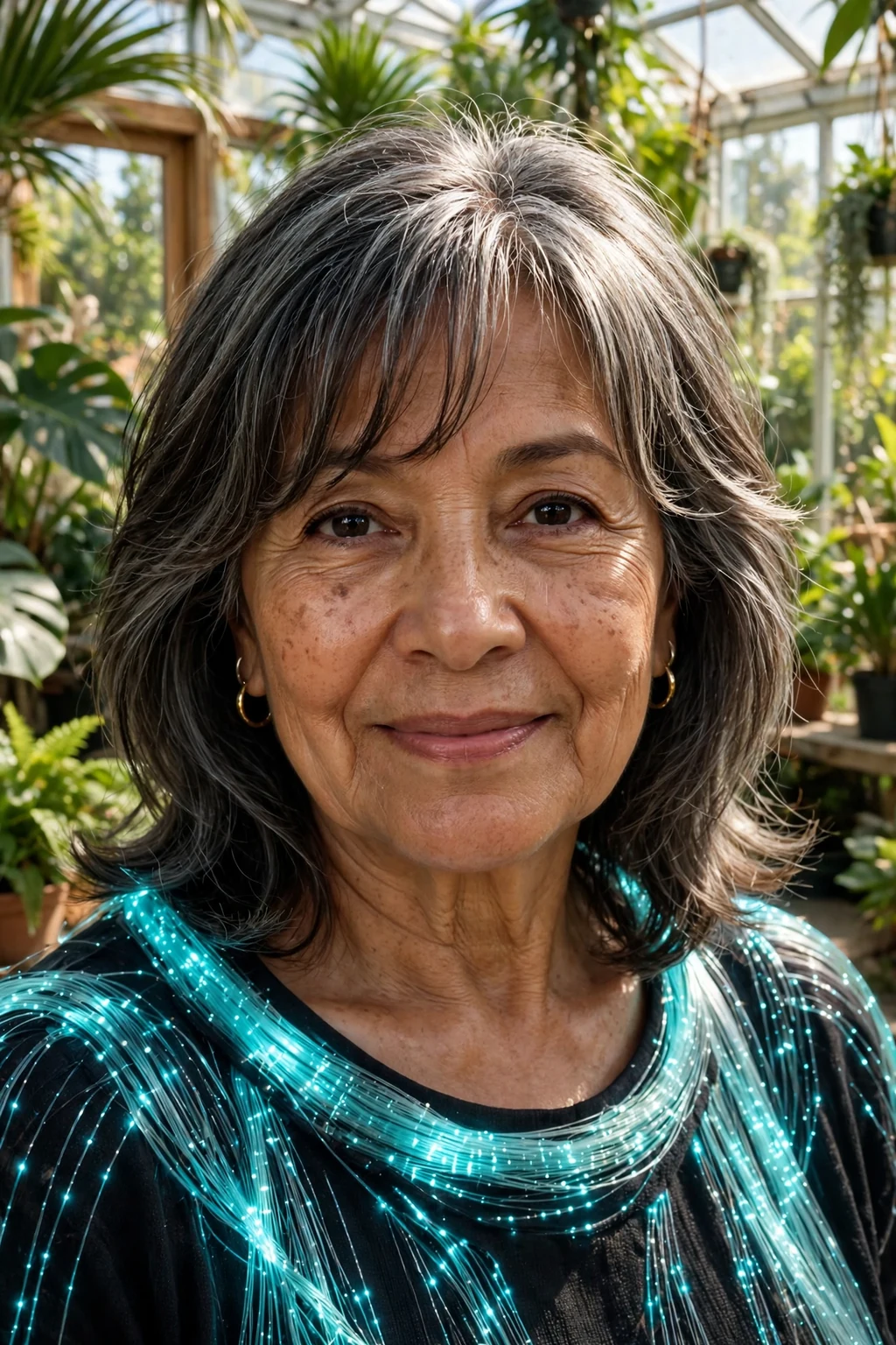 Beautiful older woman with face-framing bangs, luminous face-framing bangs, glowing light.