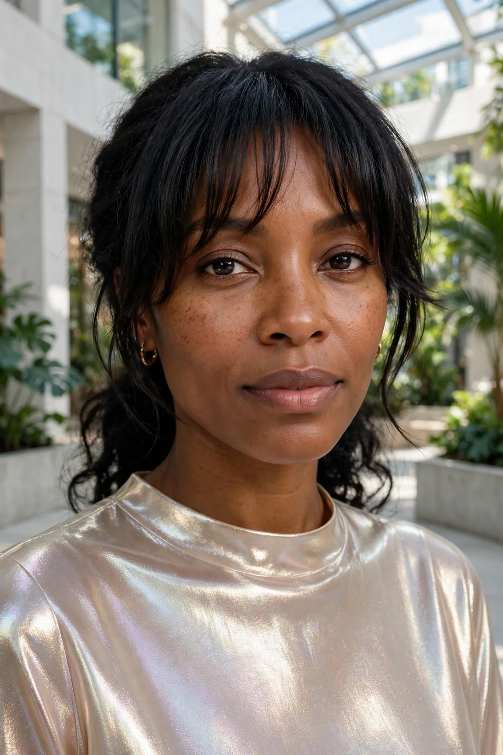 Beautiful woman with face-framing bangs, flattering face-framing bangs, luminous light.