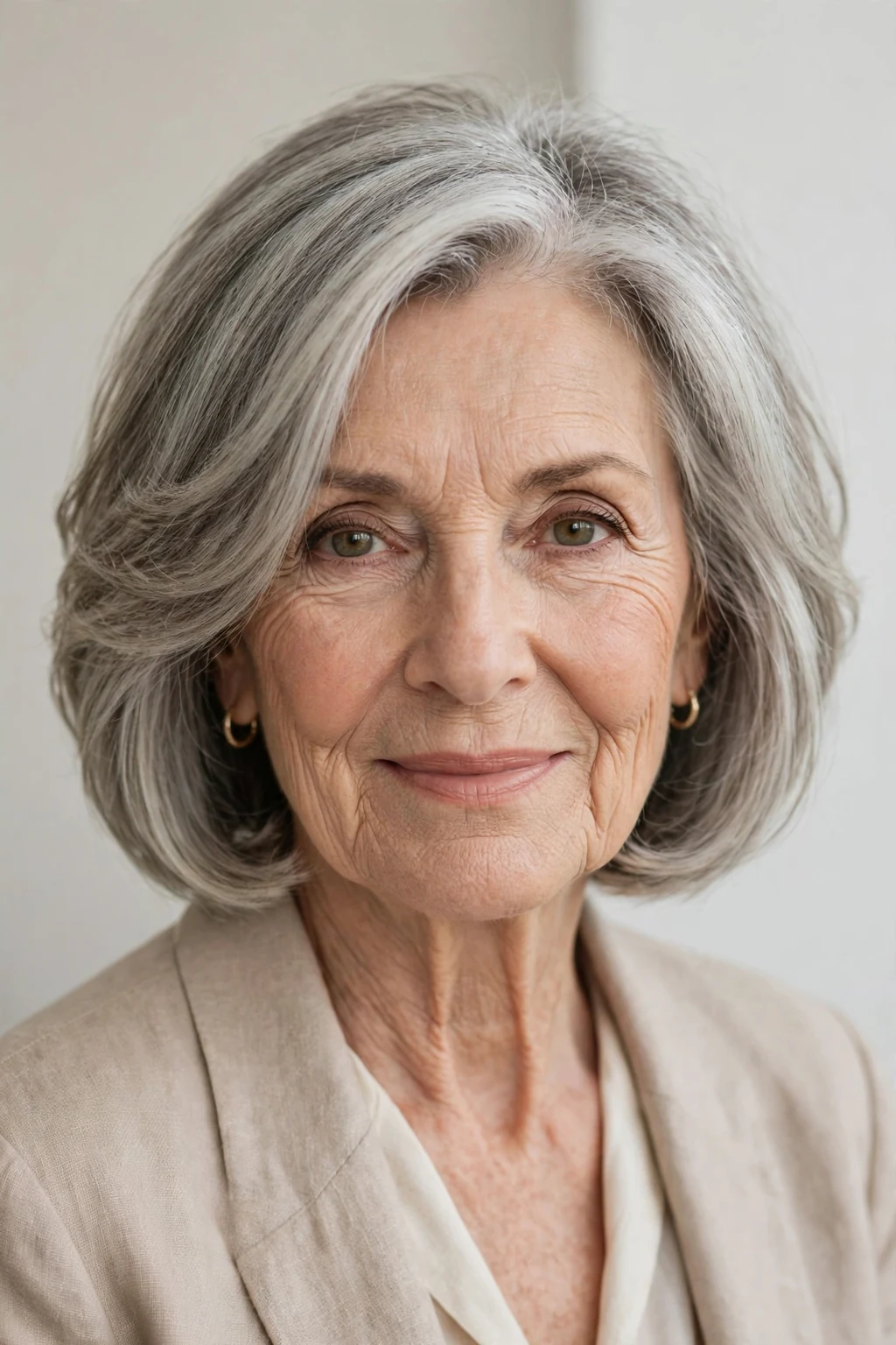 Elegant woman over 70 with face-framing bob, contouring pieces, flattering light.