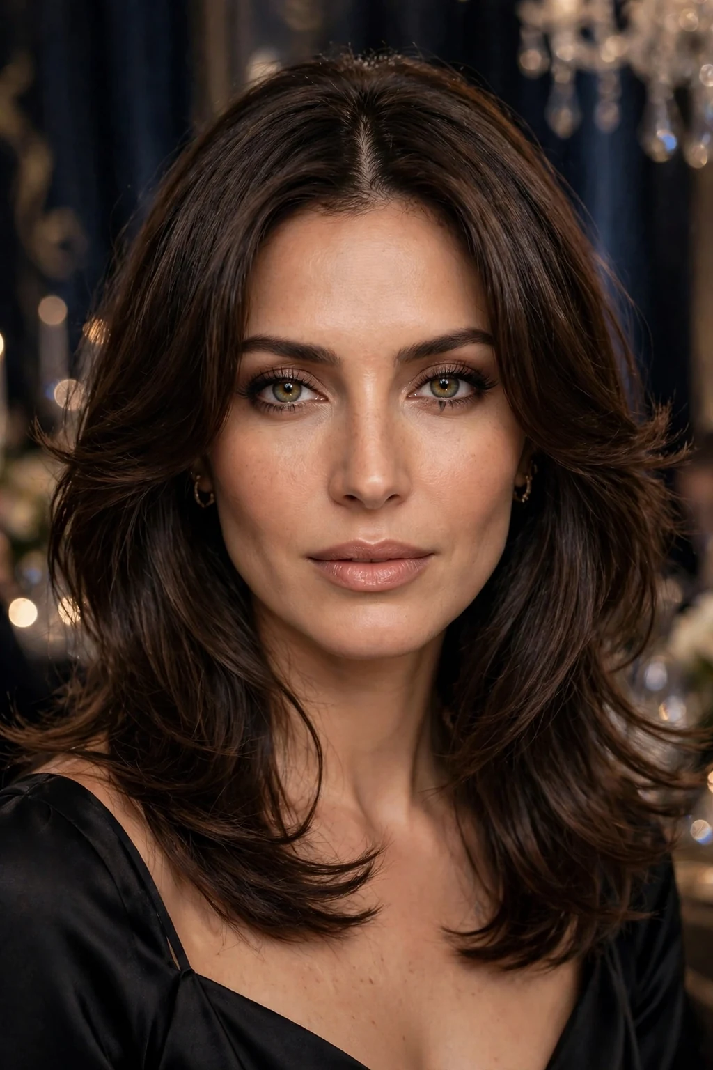 Beautiful woman with face-framing curtain layers, dramatic curtain face frame, striking light.