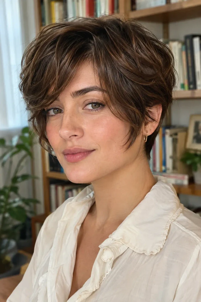  Feminine Pixie Haircuts with graduated face-framing fringe around the cheekbones