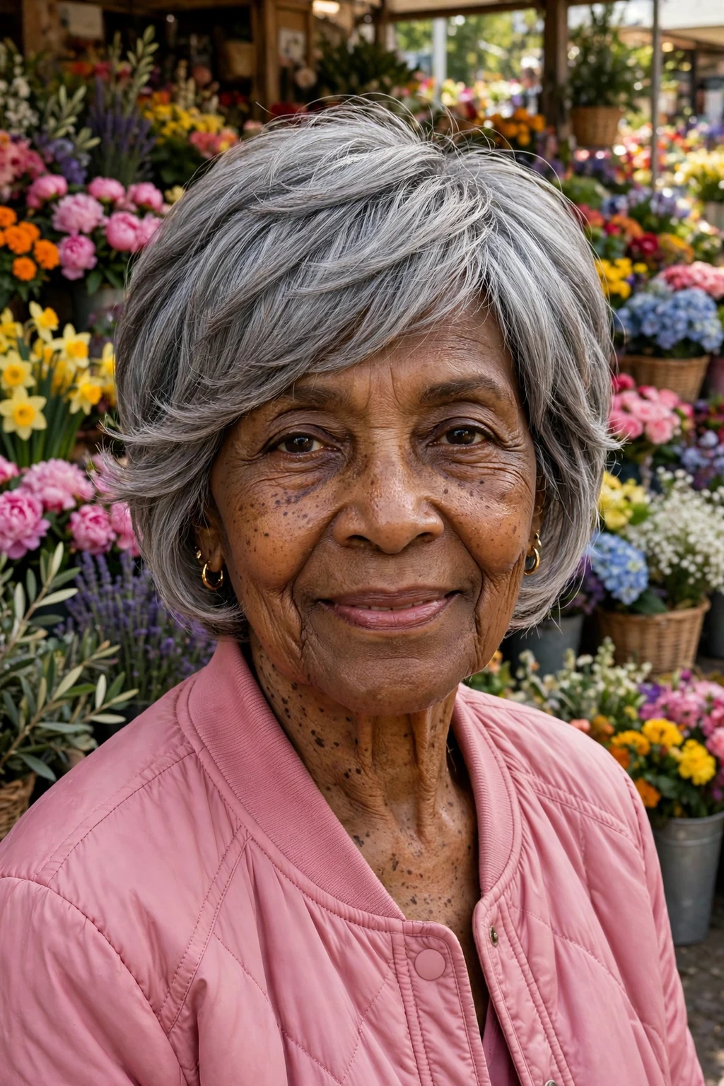 A woman in her mid 70s with a gray pixie cut with face-framing layers, wearing a rose pink jacket in a flower market.