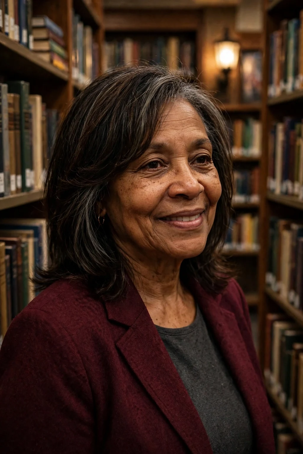 Mature African American woman in her late sixties with a face-framing layered haircut, wearing a burgundy blazer in a public library.