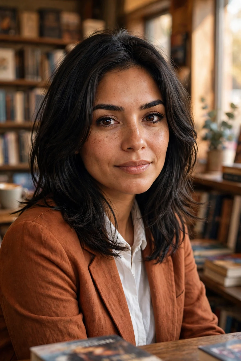 Young woman with face-framing medium layers, sitting in a bookstore wearing a rust-colored blazer.