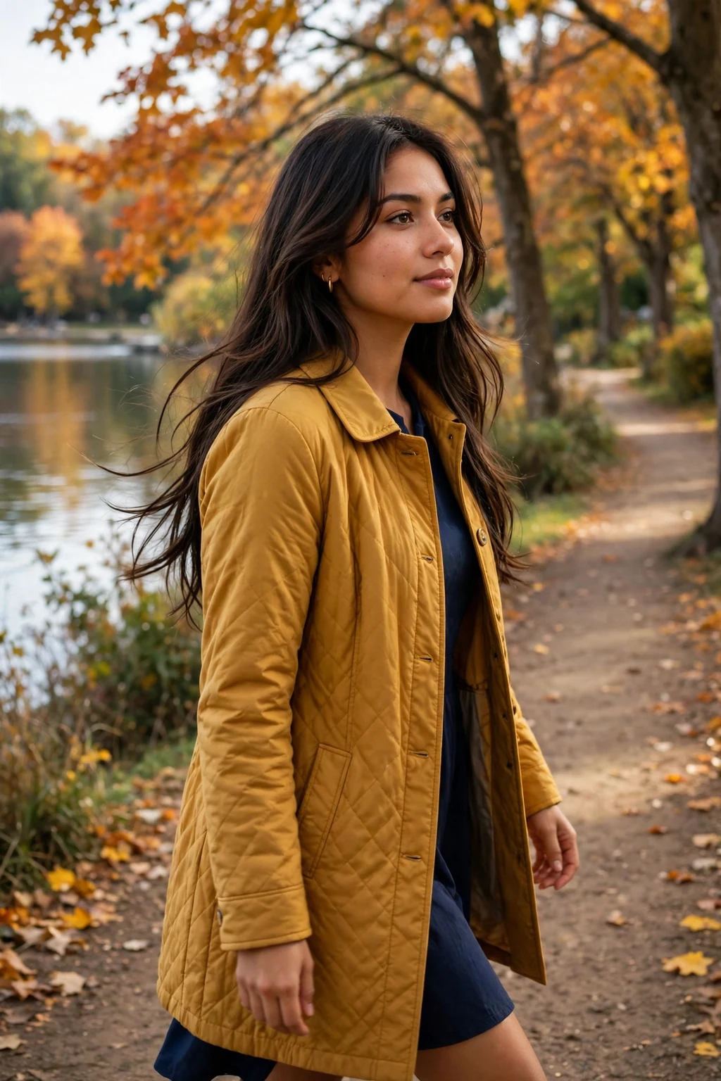 Young woman with long hair and soft face-framing layers, walking along a lakeside path in autumn.