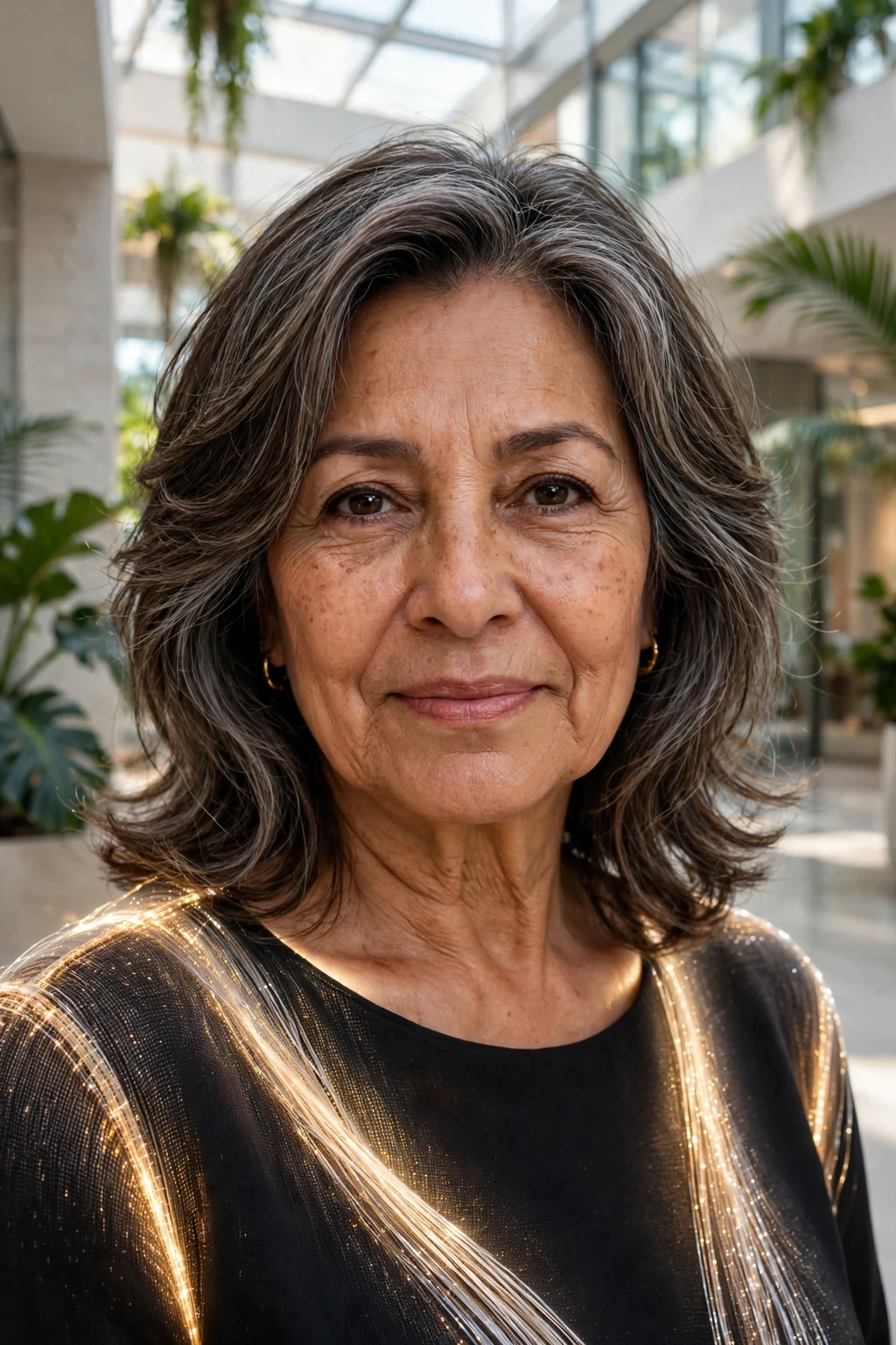 Beautiful older woman with face-framing layers, flattering face-framing layers, glowing light.