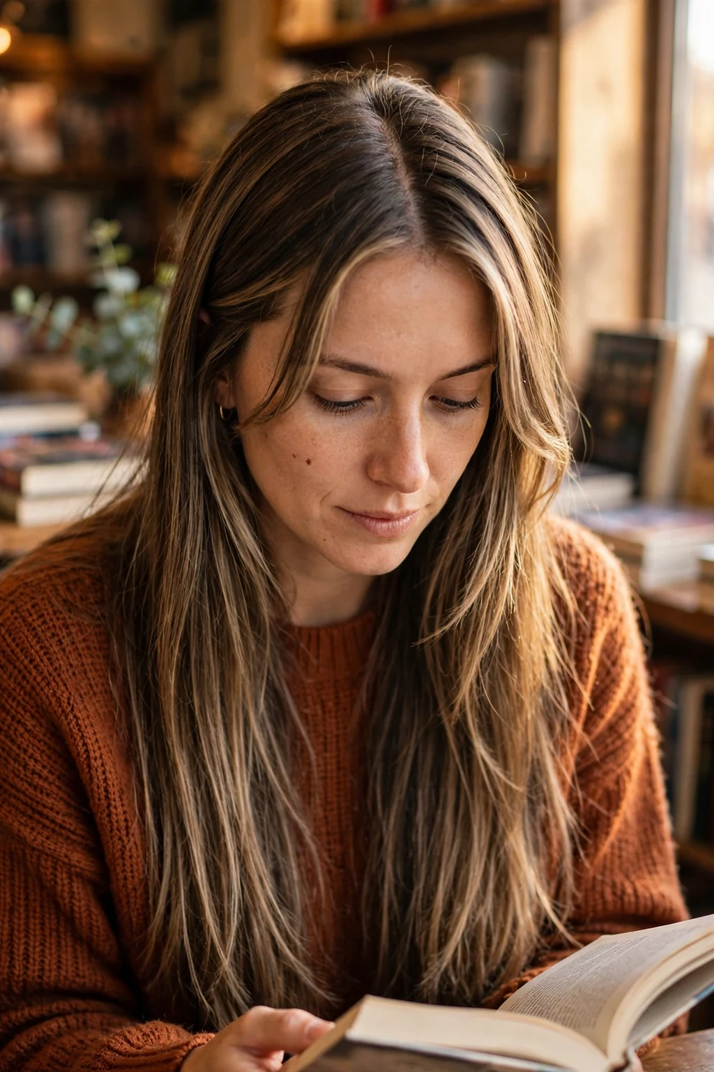 A young woman with face-framing long layers and a center part, sitting in a bookshop cafe wearing a rust knit top.