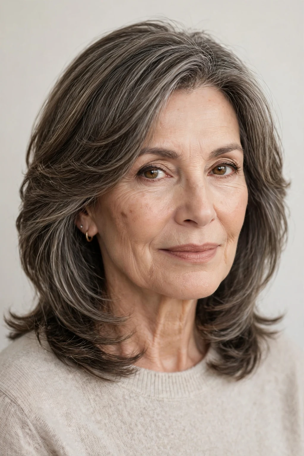 Elegant woman over 60 with face-framing medium layers, contouring pieces, flattering light.