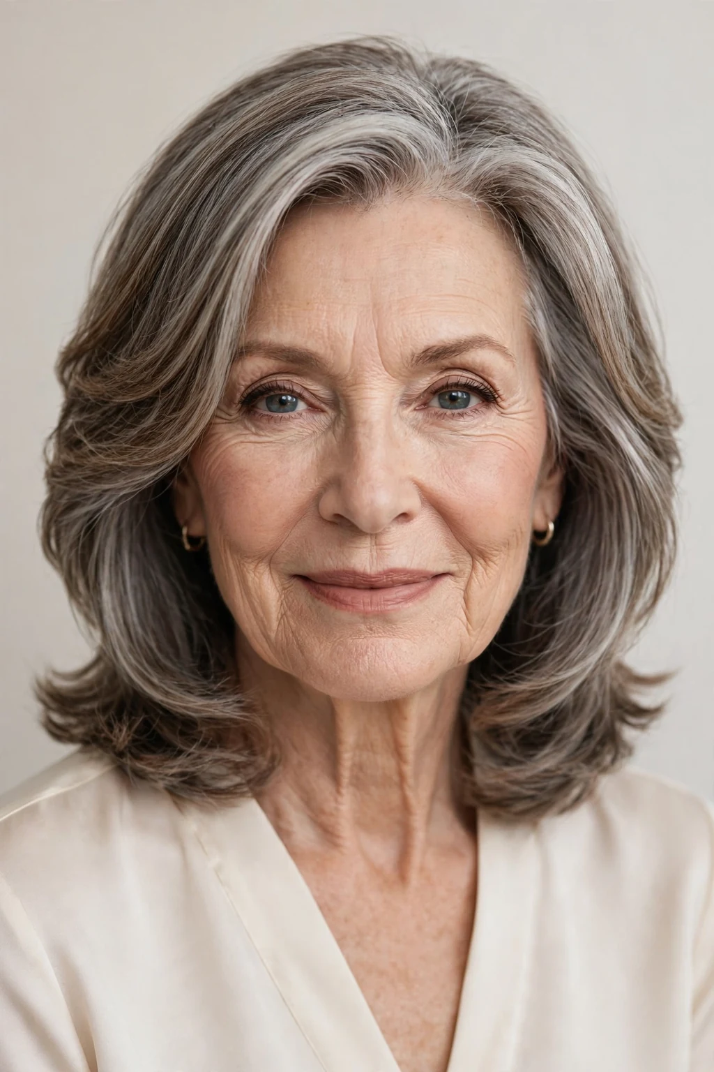 Elegant woman over 70 with face-framing medium layers, contouring pieces, flattering light.