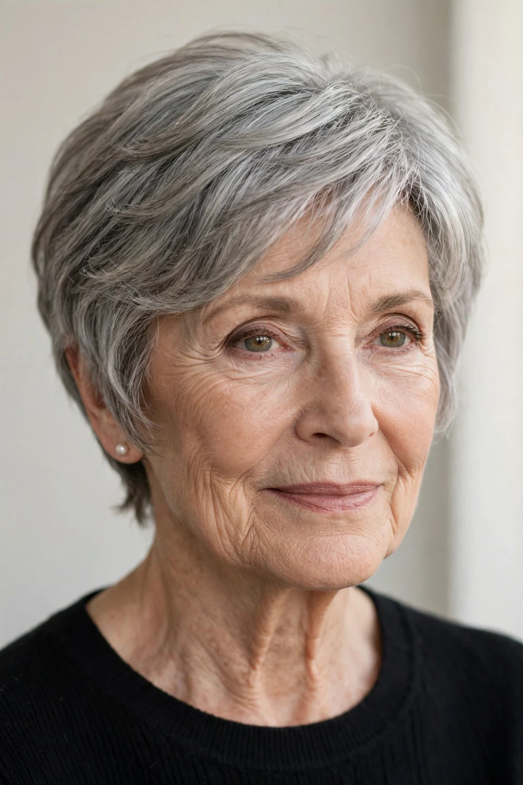 Elegant woman over 70 with face-framing pixie, contouring pieces, flattering light.