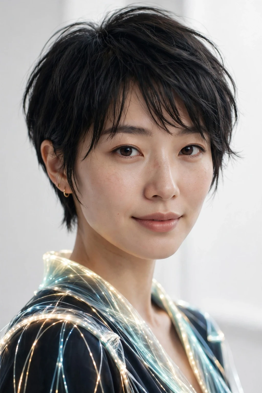 Beautiful woman with face-framing pixie bangs, luminous face-framing pixie, glowing light.