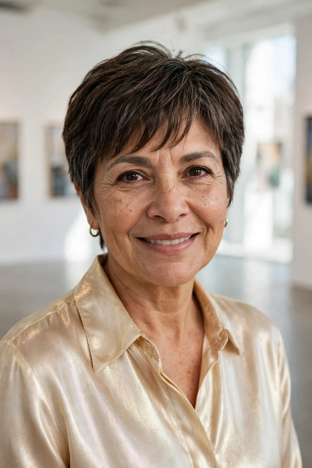Beautiful woman with face-framing pixie bangs, flattering face-framing pixie, luminous light.