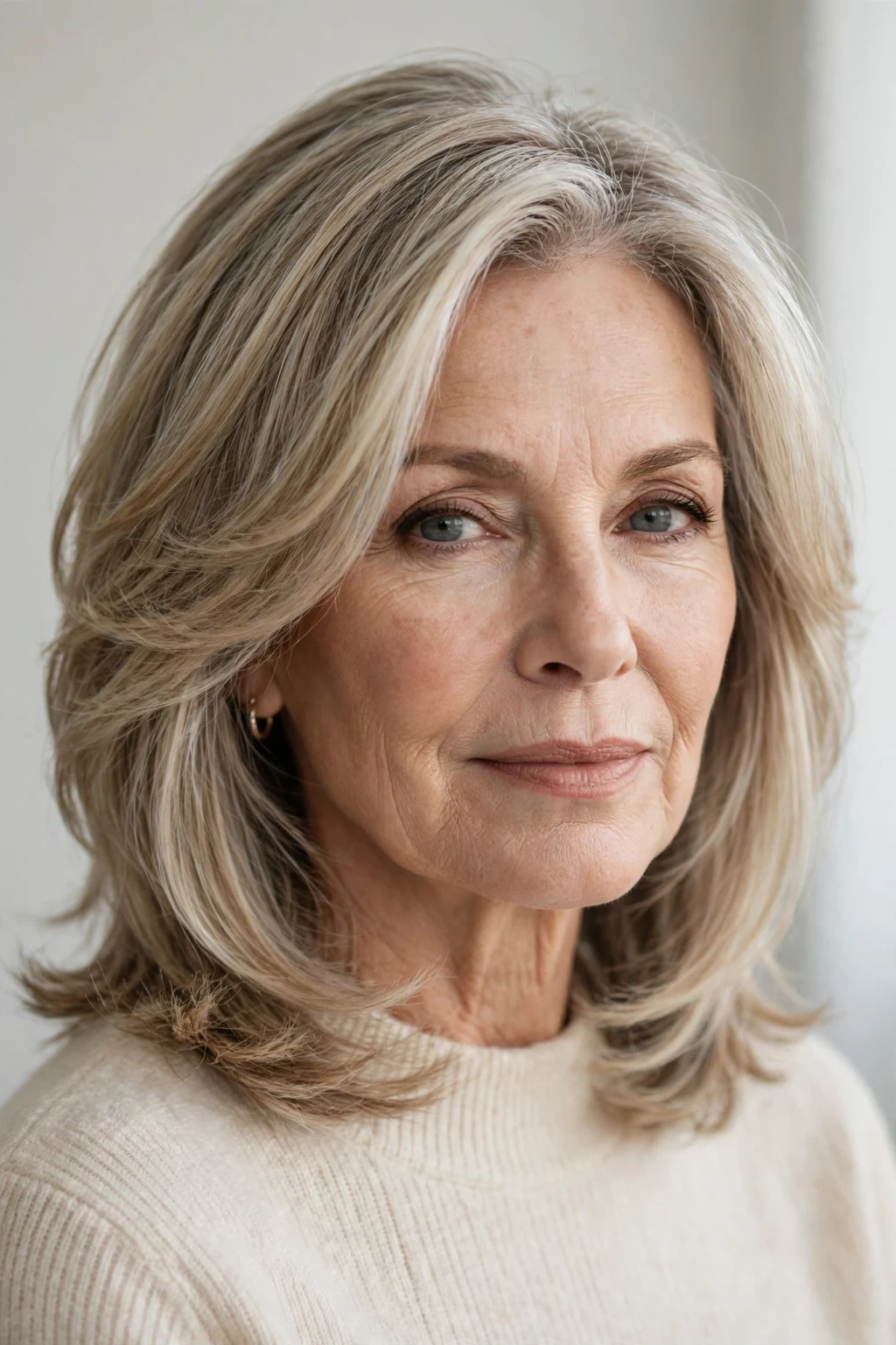Elegant older woman with face-framing shoulder layers, contouring pieces, flattering light.