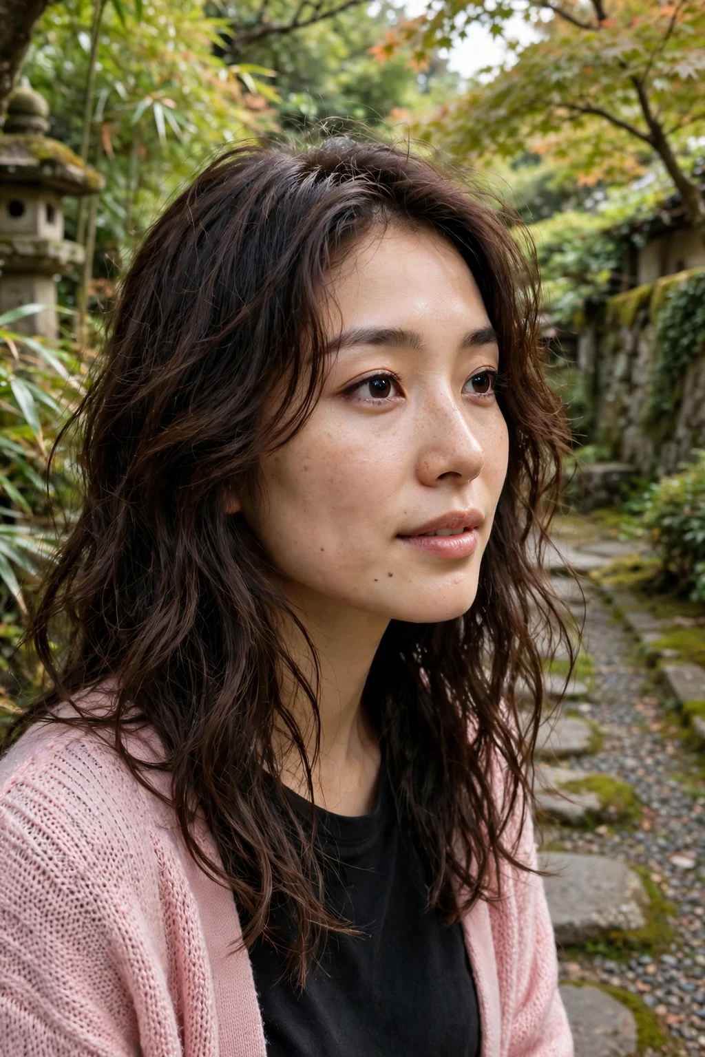 Young woman with face-framing wavy layers around her cheeks and jaw.