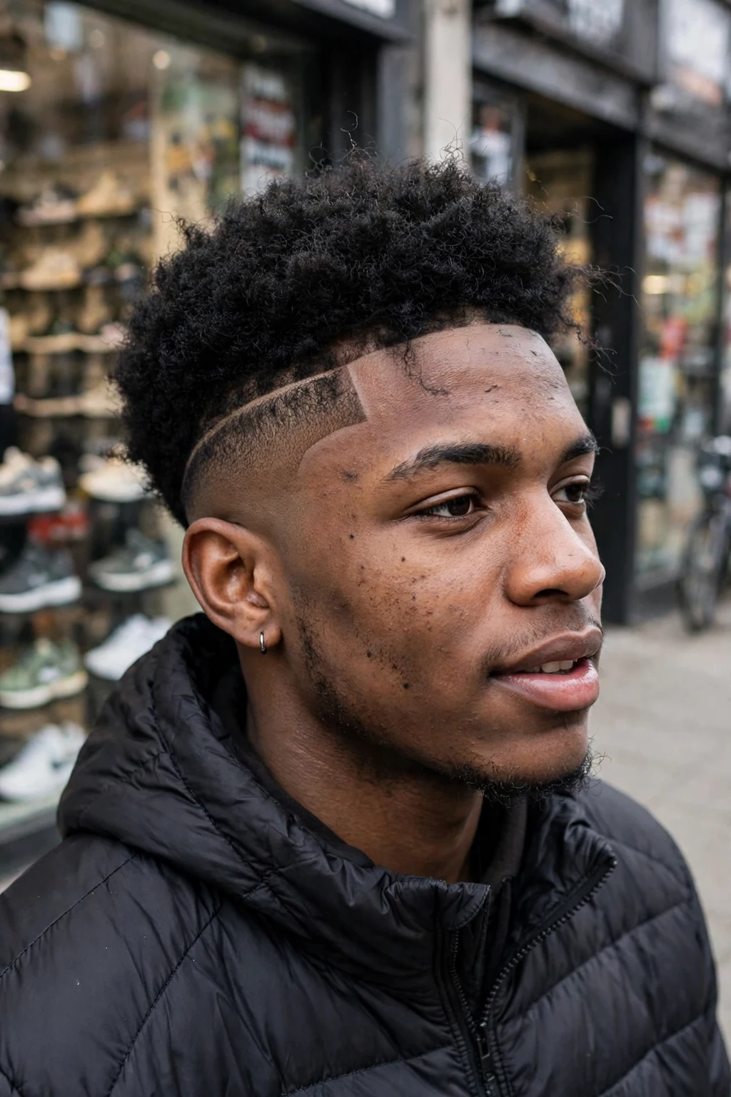 Young man with a fade and shaved line design for thick hair, standing outside a sneaker store in a black puffer jacket.