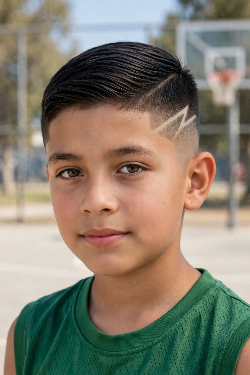 A boy with a skin fade haircut featuring a shaved lightning design on the side, on a basketball court wearing a green jersey.