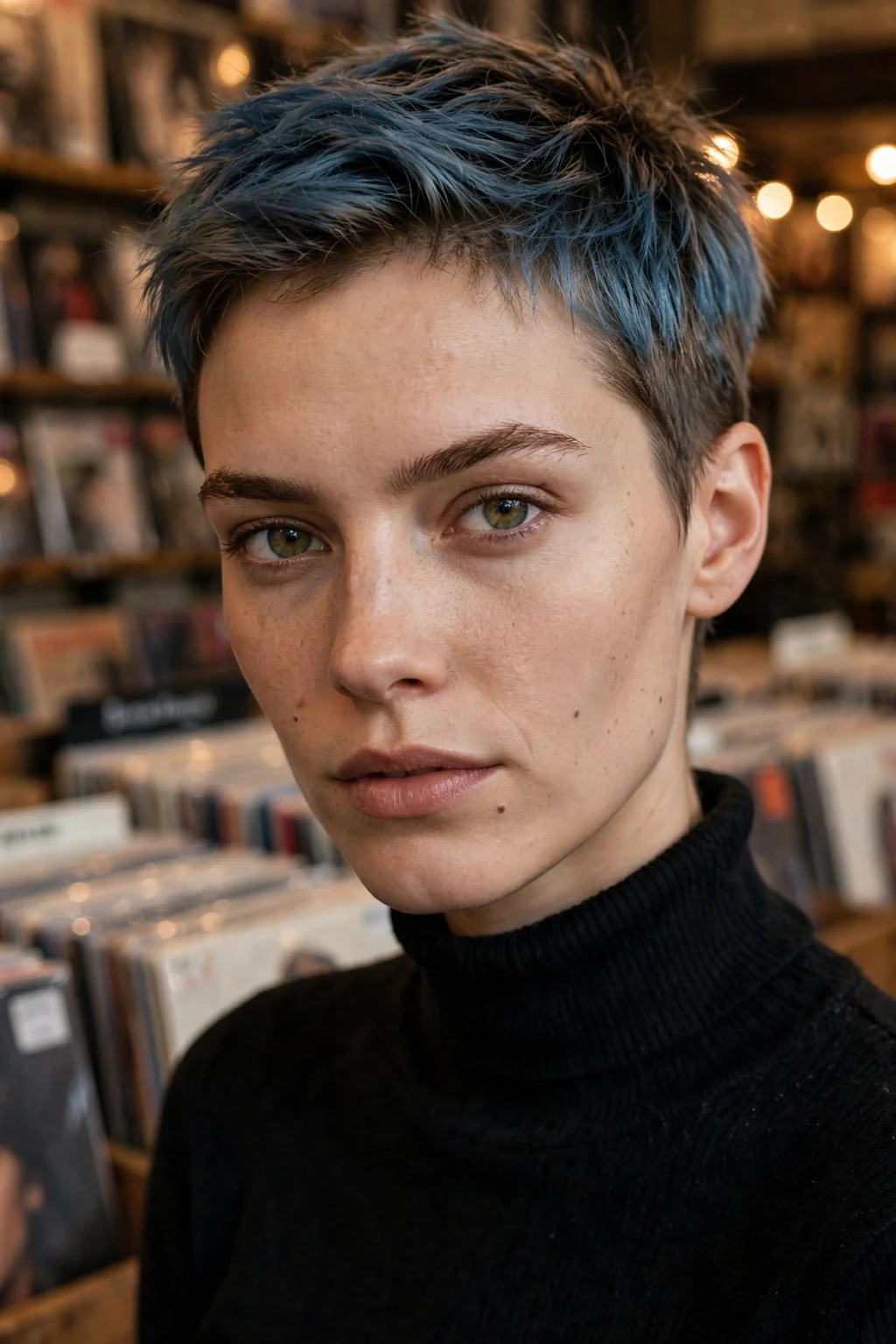 Young Caucasian woman in her late 20s with an androgynous short crop tipped in faded denim blue, wearing a black turtleneck in a vinyl record store.