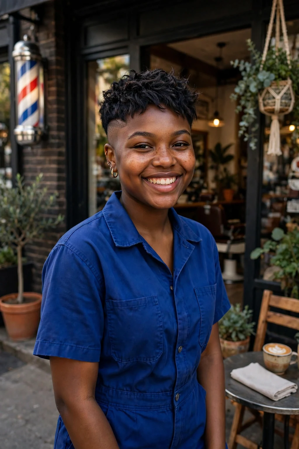 A young woman with a faded pixie cut, a smooth skin fade on the sides and textured length on top.