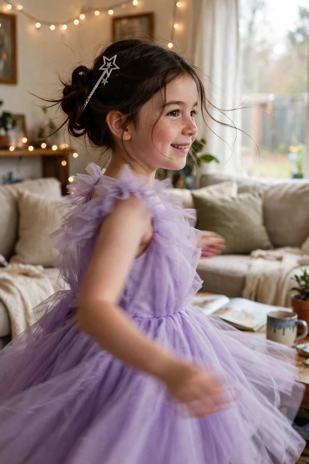 A young girl with a soft twisted updo and a silver star wand clip at a dress-up party.