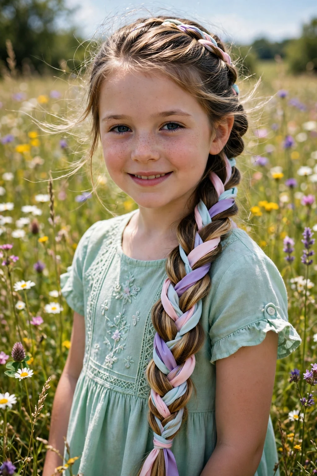 A young girl with a long fishtail braid and pastel ribbons in a meadow.
