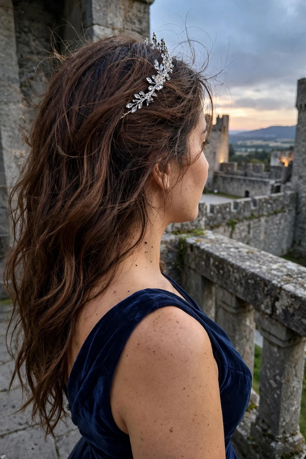 Young Latina woman with fairytale crystal tiara waves and a delicate sparkling tiara, wearing a navy blue evening gown on a castle balcony.