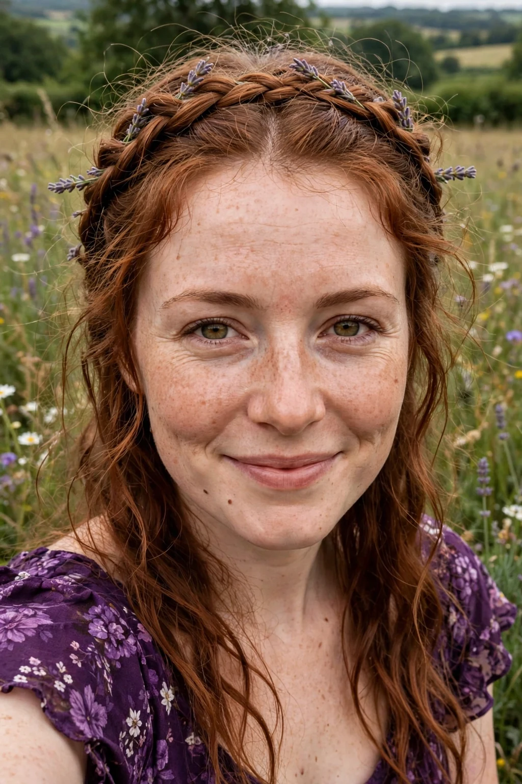 Young Irish woman with a fairytale lavender milkmaid updo of braids wrapped over the crown with lavender sprigs, wearing a deep purple floral dress in a meadow.