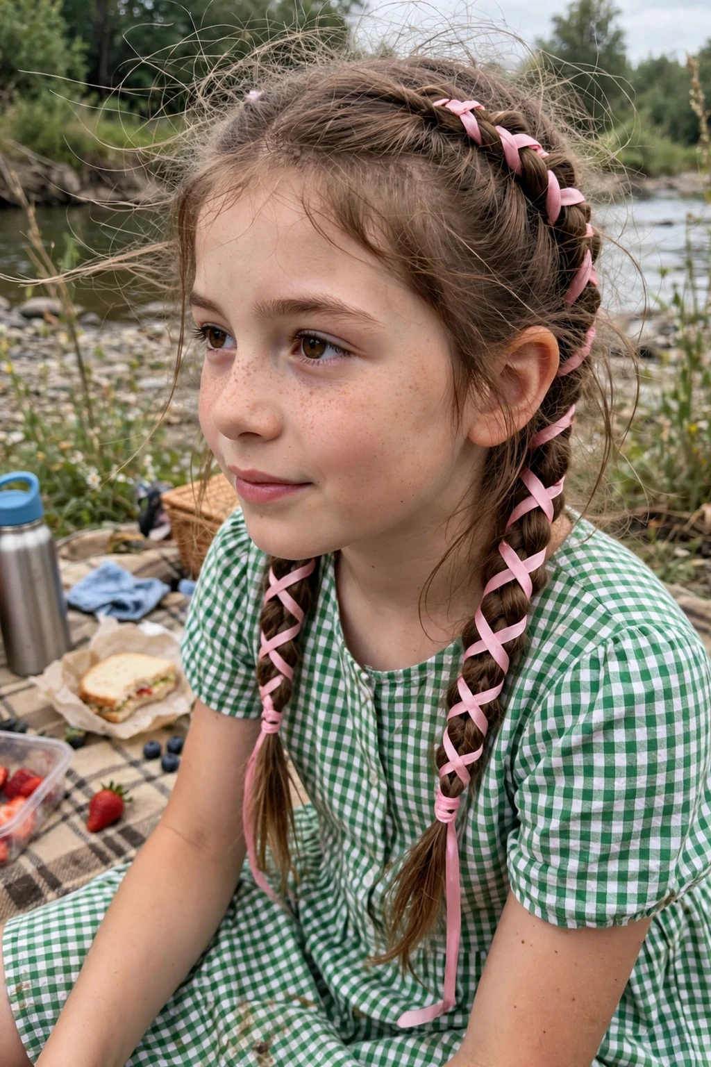 A young girl with two rope braids with ribbon woven in at a riverside picnic.
