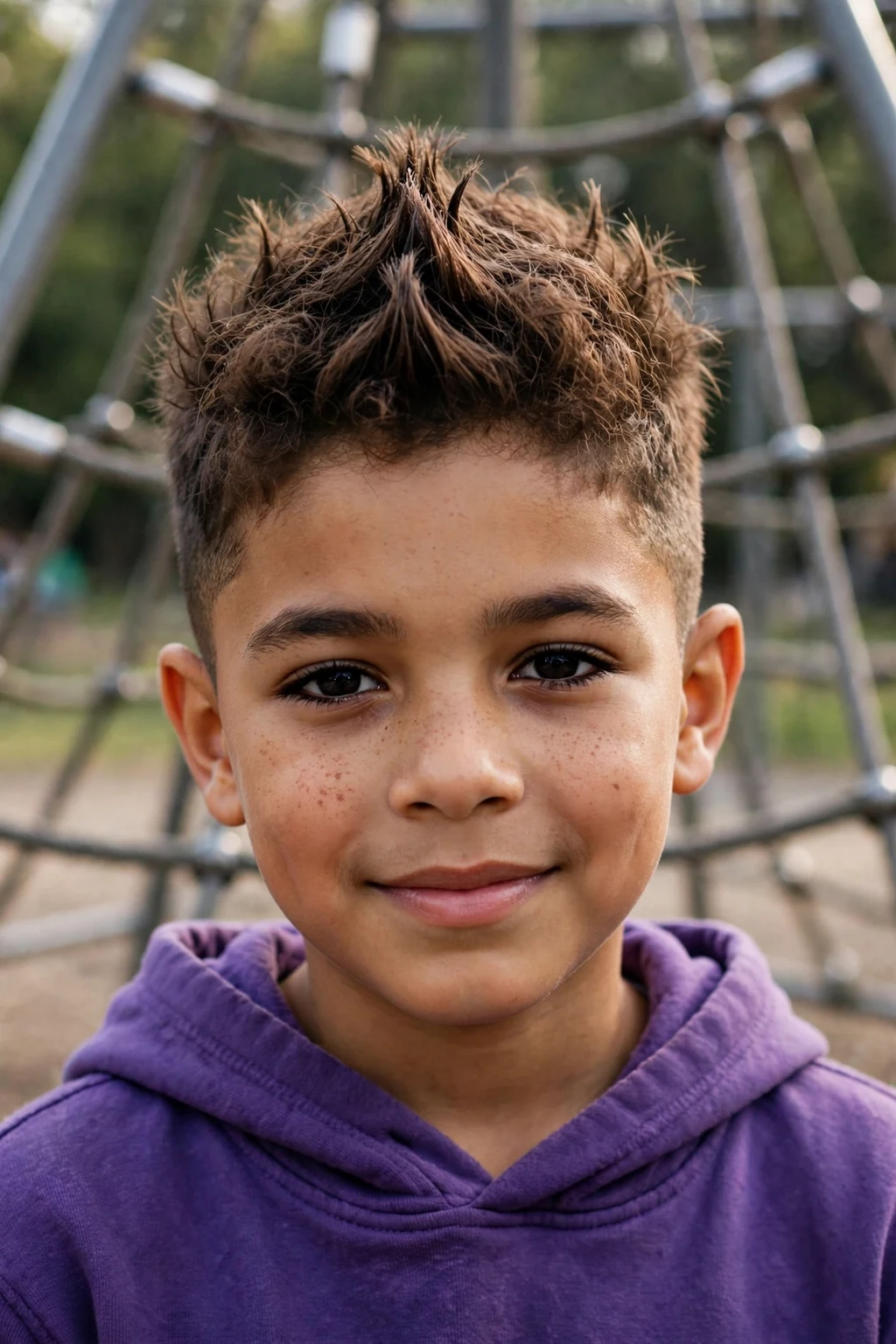 A boy with a faux hawk haircut, spiked hair down the center with shorter sides, at a playground climbing frame wearing a purple hoodie.