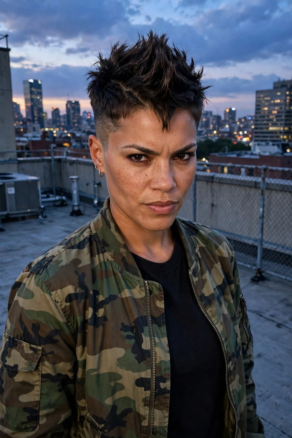 A young woman with a faux-hawk pixie, a strip of longer textured hair down the centre with tapered sides.
