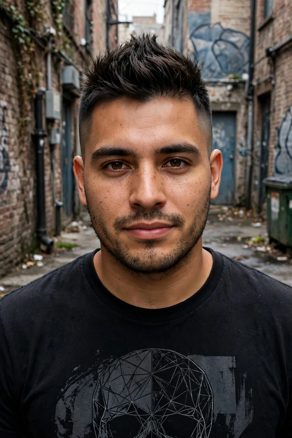 Man in his late 20s with a faux hawk haircut, wearing a black graphic t-shirt in an urban alley.