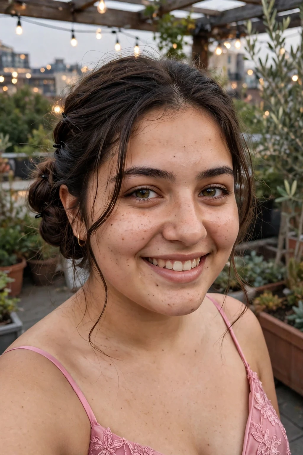 Young woman aged 18 to 20 with faux updo for short hair hairstyle for prom, a rooftop garden with string lights.