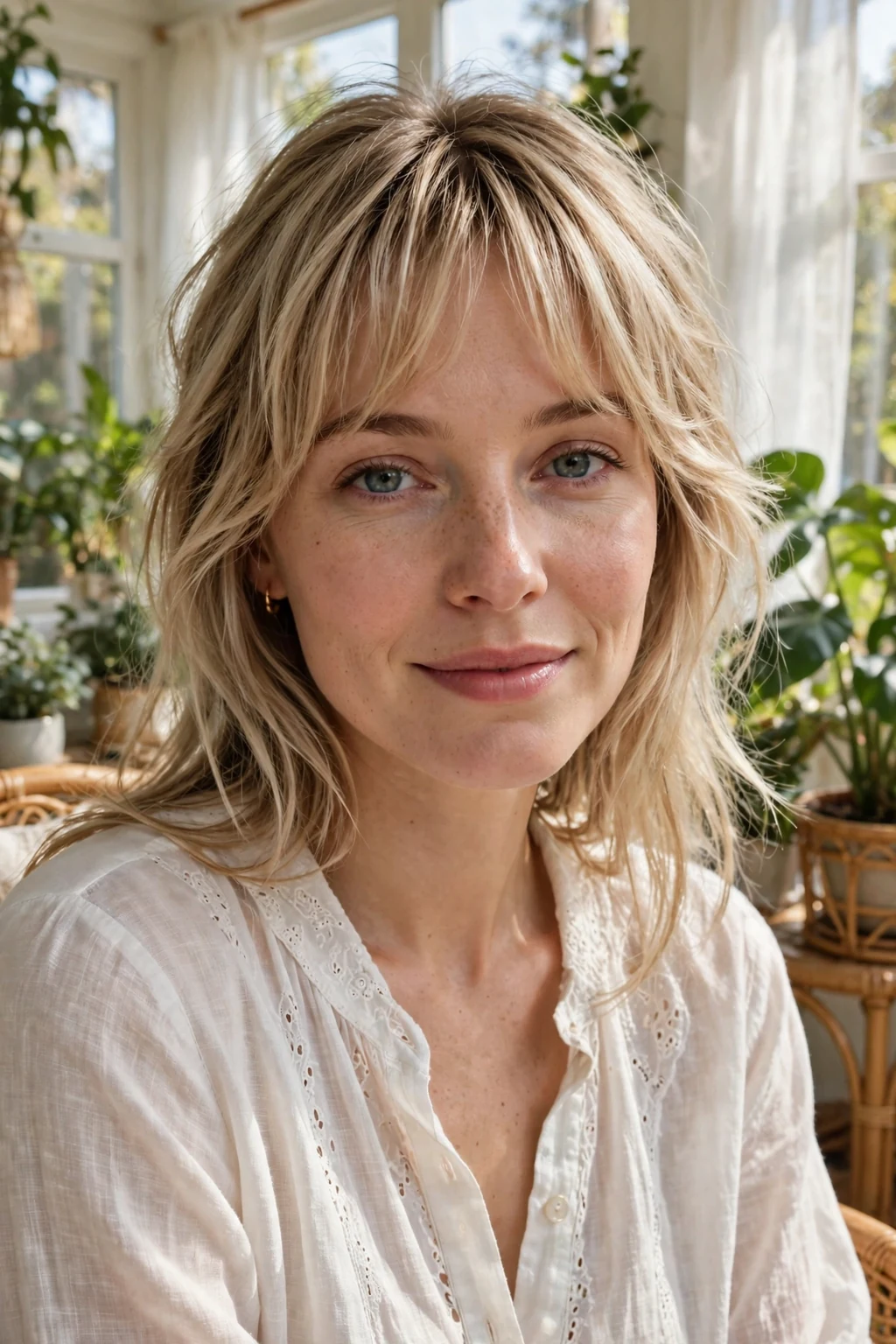 Beautiful woman with feathered bangs, light feathered bangs, airy light.
