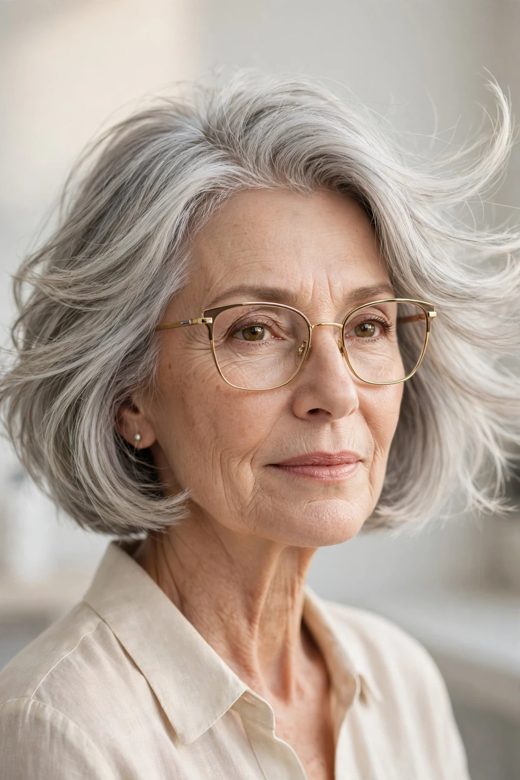 Elegant woman over 60 with glasses and feathered bob, delicate airy movement, gentle light.
